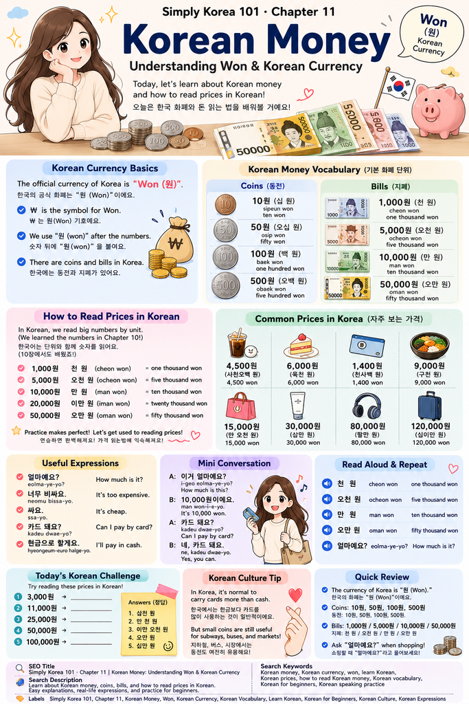 Korean money guide showing Korean won coins, banknotes, prices, and useful Korean expressions
